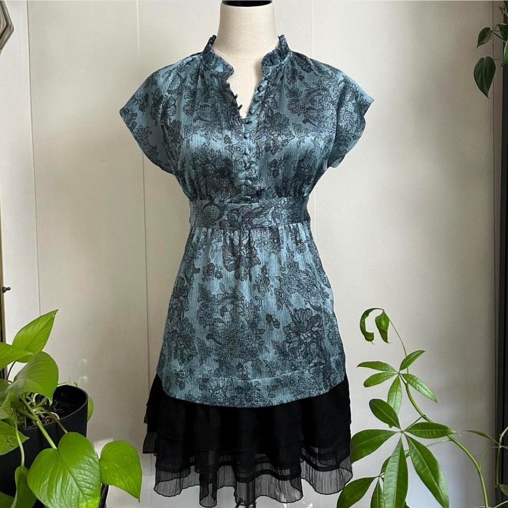 Apt 9 Womens Blue Black Floral Satin Ruffle Milkmaid Blouse Tie Back Small